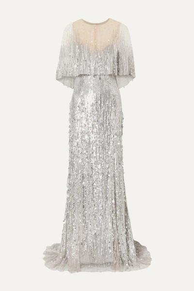 Monique Lhuillier Layered Embellished Tulle Gown In Silver