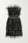 RALPH & RUSSO EMBELLISHED FEATHER-TRIMMED SATIN MINI DRESS