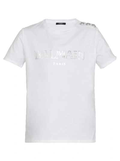 Balmain Logo T-shirt In Blanc/argent