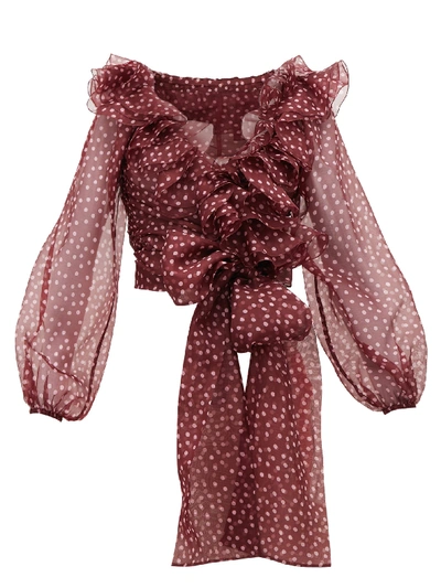 Dolce & Gabbana Cropped Organza Polka Dot Wrap Shirt In Bordeaux,pink