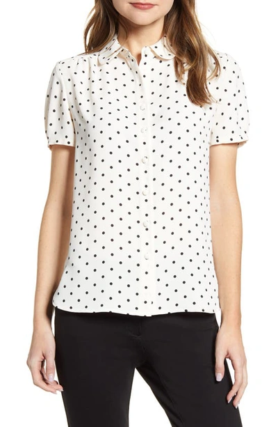 ANNE KLEIN ANNE KLEIN DOT PRINT COLLARED SHORT SLEEVE BLOUSE,10761124