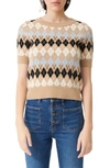Maje Short Sleeve Wool Blend Argyle Sweater In Camel