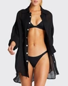 Vitamin A Playa Button-down Linen Shirtdress Coverup In Ecolnn Gauze Blck