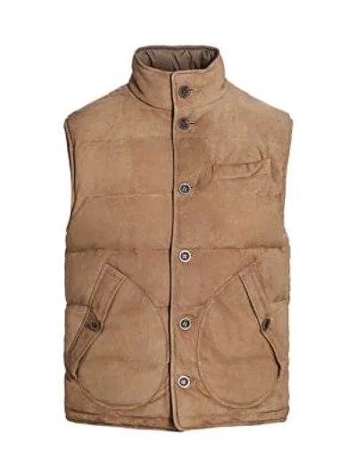 Ralph Lauren Reversible Quilted Suede And Shell Down Gilet In Brown