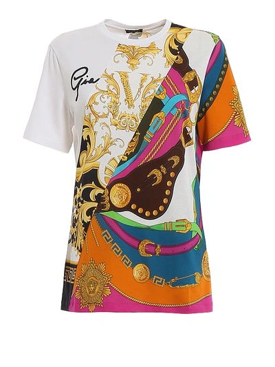 Versace Multi Print T-shirt In White,fuchsia,gold