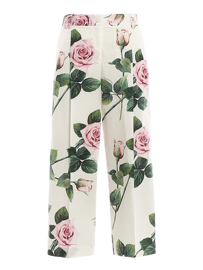Dolce & Gabbana Tropical Rose Print Poplin Wide Leg Trousers In White