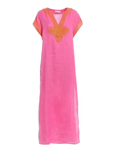 Tory Burch Embroidered Linen Long Caftan In Fuchsia