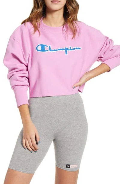 Champion Reverse Weave Chenille Logo Crop Sweatshirt In Paper Orchid