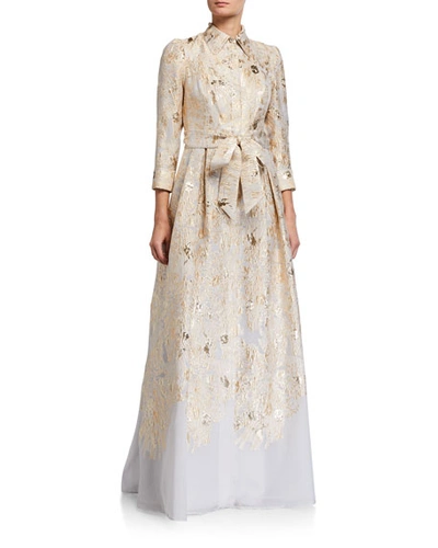 Rickie Freeman For Teri Jon Metallic Brocade Shirtdress Gown In Gold