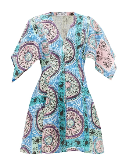 Jw Anderson Embellished Printed Linen-canvas Mini Dress In Light Blue