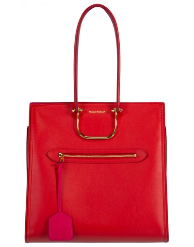 Alexander Mcqueen The Tall Story Leather Tote In New Red/ Orchid Pink