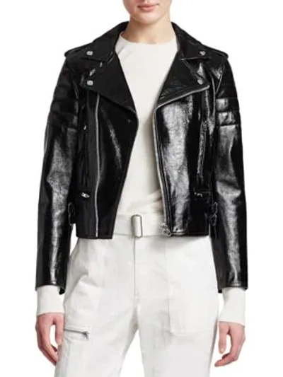 Helmut Lang Glossy Leather Cropped Biker Jacket In Black
