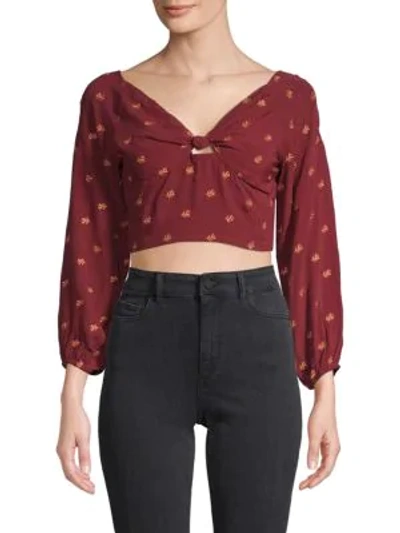 Raga Women's Leaf-print Knotted Cropped Top In Wine