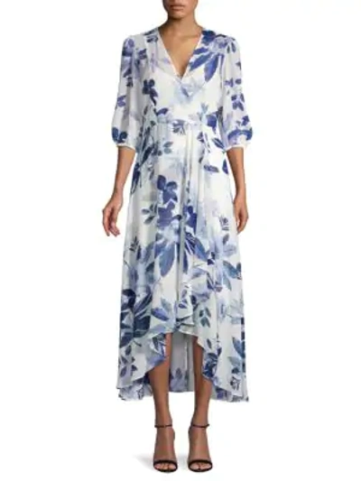 Calvin Klein Printed Chiffon Surplice Dress In Cream Blue