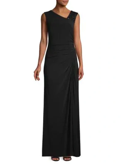Adrianna Papell Embellished Drape-front Gown In Black