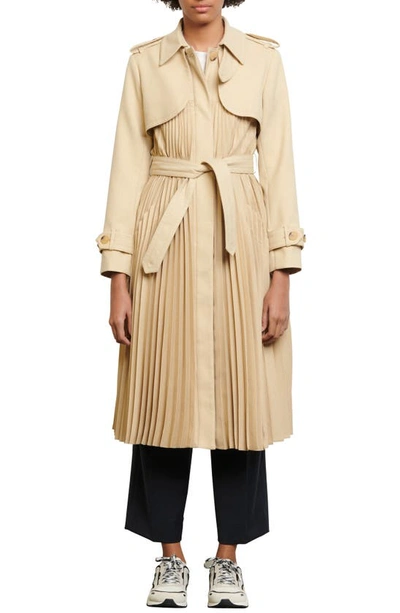 Sandro Pleated Trench Coat With Belt In Beige