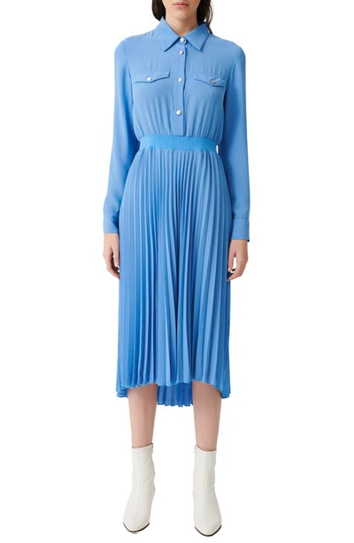 Maje Long Sleeve Pleated Skirt Dress In Light Blue