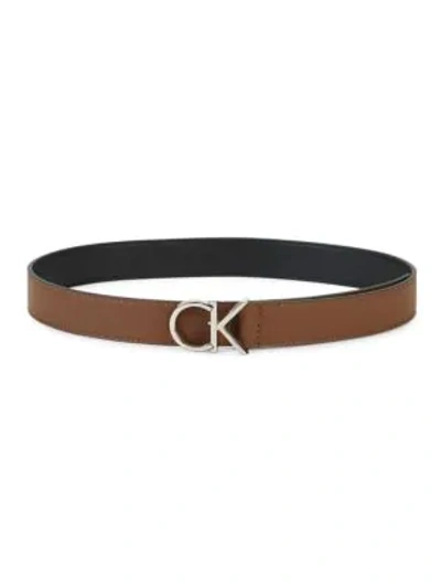 Calvin Klein Faux Leather Logo Plaque Belt In Brown