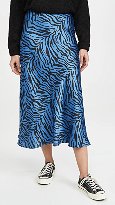 Rebecca Minkoff Davis Zebra-print Satin-twill Midi Skirt In Sapphire