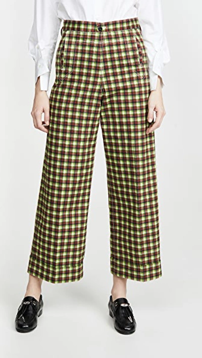 Toga Cotton Twill Check Trousers In Green