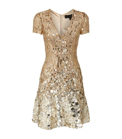 Jenny Packham Short-sleeve Sequin V-neck Mini Dress In Ilussion Gold