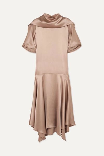 Aaizél Net Sustain Convertible Asymmetric Silk-satin Midi Dress In Taupe