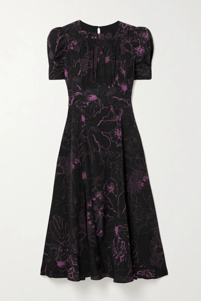 Les Rêveries Floral-print Silk Crepe De Chine Midi Dress In Black