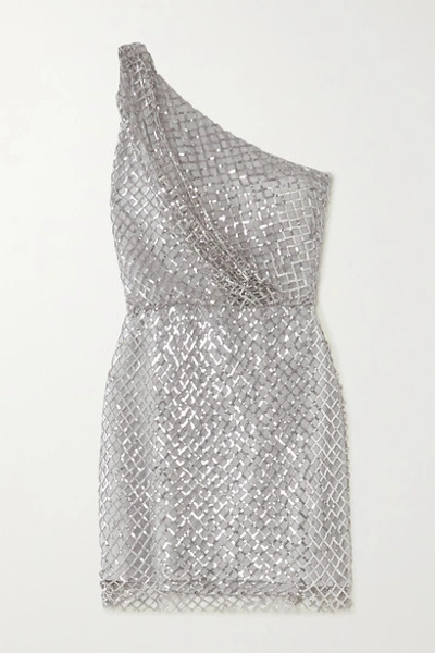 Michelle Mason One-shoulder Sequined Mesh And Silk Mini Dress In Silver