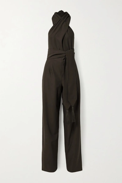 Ferragamo Belted Leather-trimmed Wool-twill Halterneck Jumpsuit In Dark Brown