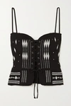 RUE MARISCAL LACE-UP FRAYED EMBROIDERED COTTON BUSTIER TOP