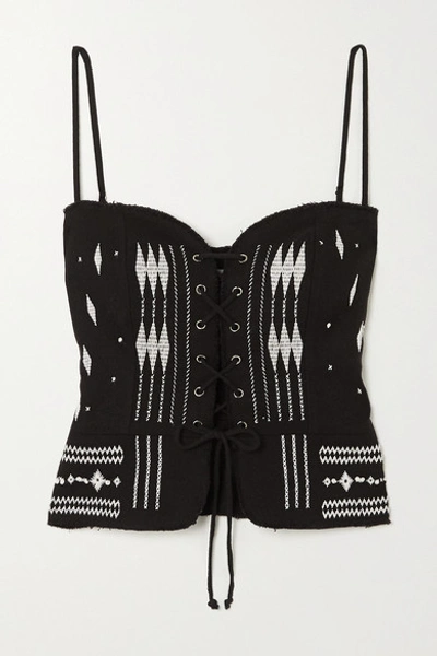 Rue Mariscal Lace-up Frayed Embroidered Cotton Bustier Top In Black