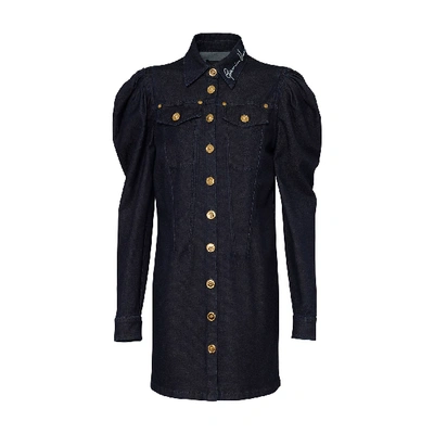 Versace Denim Shirt Dress With Puffed Sleeves In Denim Indigo