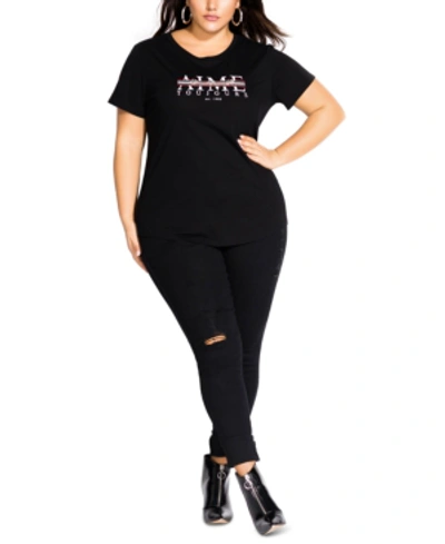 City Chic Trendy Plus Size Bonjour Embellished Cotton T-shirt In Black