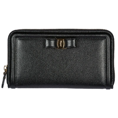 Ferragamo Wallet Genuine Leather Coin Case Holder Purse Card Bifold In Black