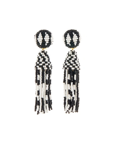 Oscar De La Renta Short Beaded Tassel Clip Earrings, Black/white