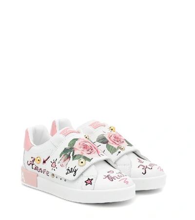 Dolce & Gabbana Kids' Portofino Floral Leather Sneakers In White