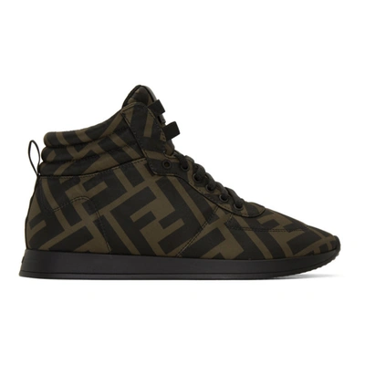 Fendi Leather-trimmed Logo-print Neoprene High-top Trainers In Brown/black