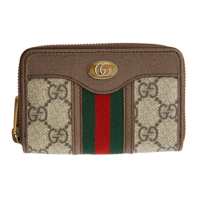 Gucci 驼色 And 棕色 Ophidia 环绕式拉链卡包 In Brown,gold Tone,red,white