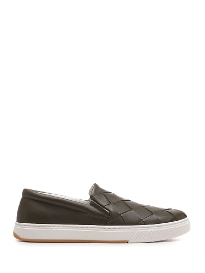 Bottega Veneta Intrecciato-weave Slip-on Leather Trainers In Khaki