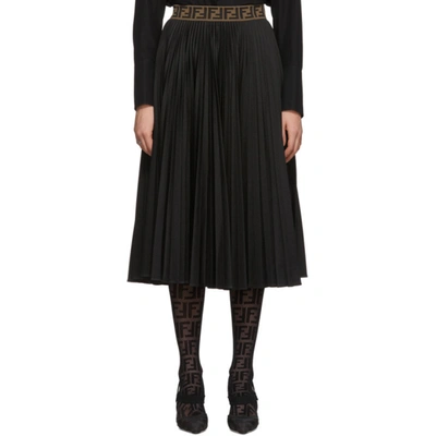 Fendi Ff-jacquard Pleated Cotton-blend Jersey Midi Skirt In Black