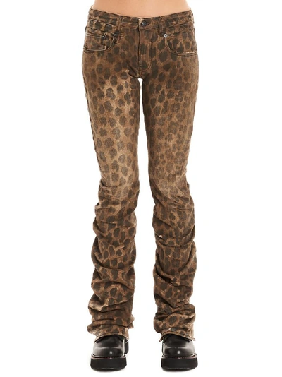 R13 Leopard Printed Draped Cotton Denim Jean In Brown,black