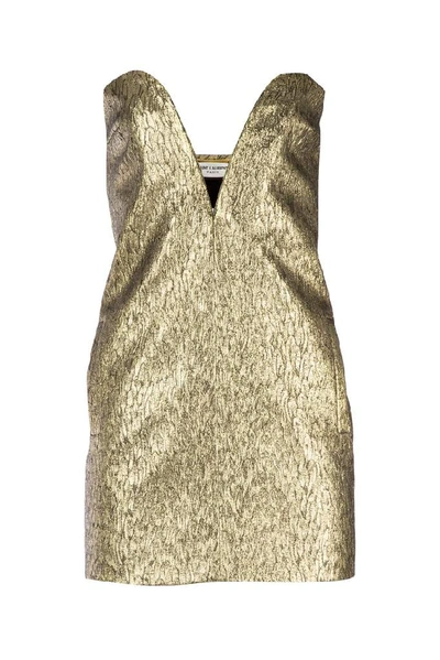 Saint Laurent Strapless Wool And Silk-blend Jacquard Mini Dress In Gold