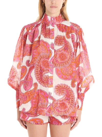 Zimmermann Peggy Bishop-sleeve Paisley-print Ramie Blouse In Multi