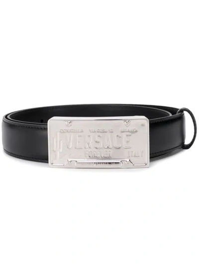 Versace Forever Logo Plaque Buckle Belt In Black