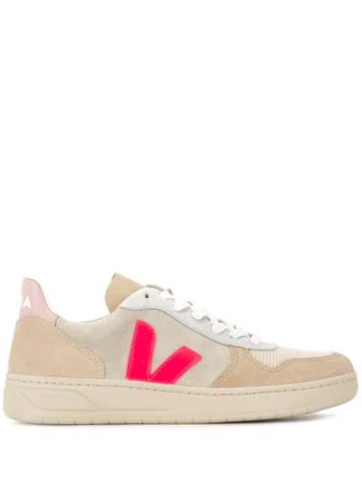 Veja V-10 Colour-block Sneakers In Multico_natural_rose-fluo