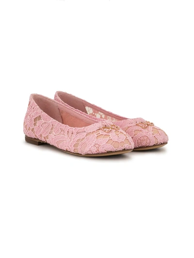 Dolce & Gabbana Kids' Crystal-embellished Lace Ballerina Shoes In Pink