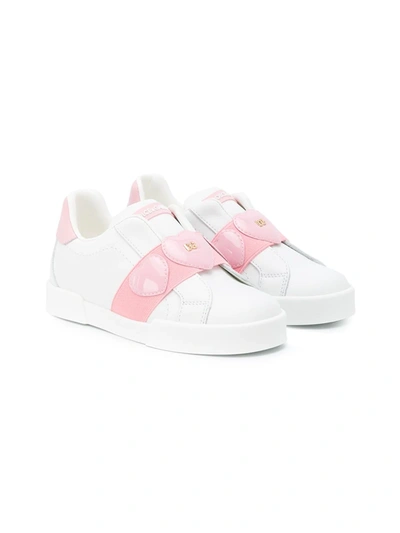 Dolce & Gabbana Kids' Portofino Light Sneakers In Calfskin With Patent Leather Hearts In White/pink