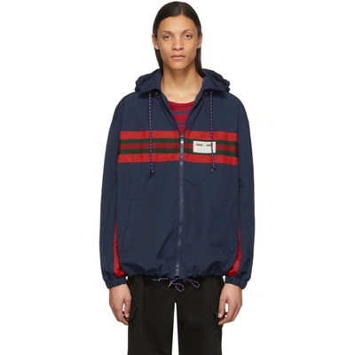 Gucci Navy & Red Technical Waterproof Jacket In Blue