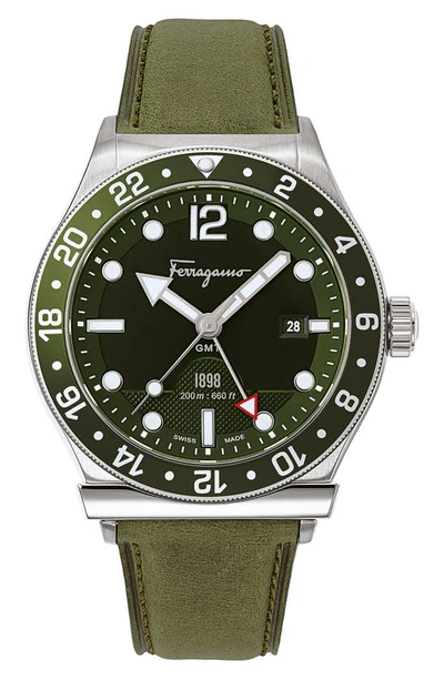 Ferragamo Sport Leather Strap Watch, 44mm In Green/ Black/ Silver