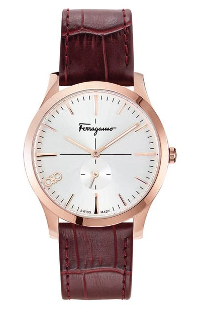 Ferragamo Slim Leather Strap Watch, 40mm In Red/ Silver Sunray/ Rose Gold